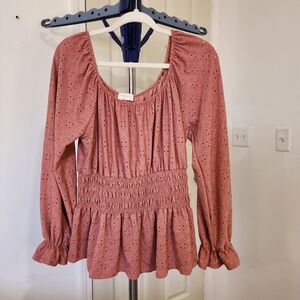 Women's Long Sleeves Eyelet Peplum Bohemian  Blouse Sx L , NWT